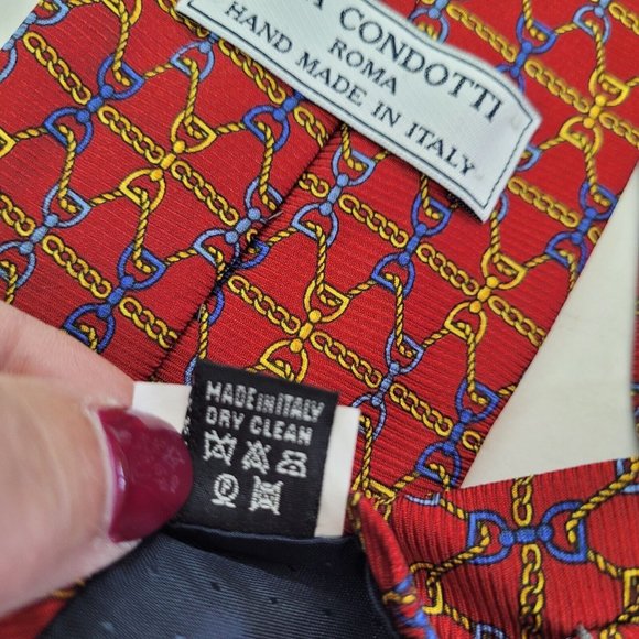 Via Condotti Roma Tie Mens OS Necktie Red Equestrian Chain Print Silk Handmade - Picture 6 of 9